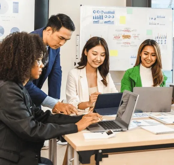 Woman pointing at global interface.